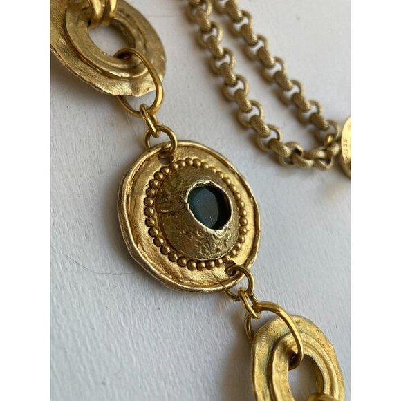 Vintage CLAIRE DEVE Gold Metal Double Chain Etruscan Statement Runway Necklace - Picture 10 of 16